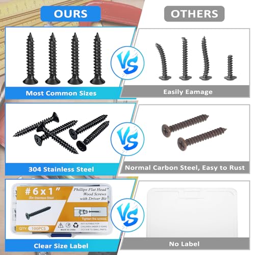 100PCS #6 x 1 Black Wood Screws, Flat Head Stainless Steel Sheet Metal Screws, Fast Self Tapping Screws for Deck Drywall Concrete Screws with Screwdriver Bit - style: Black #6X1" Flat Head 100PCS