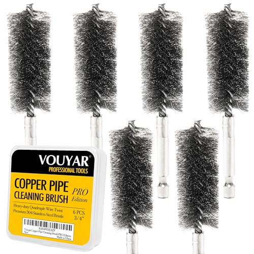 Quadruple Wire Twist Professional ID Copper Tube Pipe Cleaner for Fittings 6pcs, 3/4” Pipe Cleaning Brush Set, Stainless Steel Wire Bore Brushes for Power Drill, 1/4 Inch Hex Shank - style: 3/4”