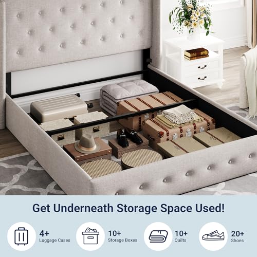 Allewie Queen Size Lift Up Storage Button-Tufted Bed Frame Light Beige - color: Beige, size: Queen, style: Traditional