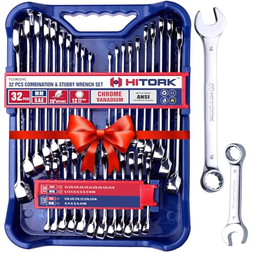 HITORK 32 Piece Combination Wrench Set, SAE and Metric, Standard and Stubby - style: 32 Piece Set SAE & Metric