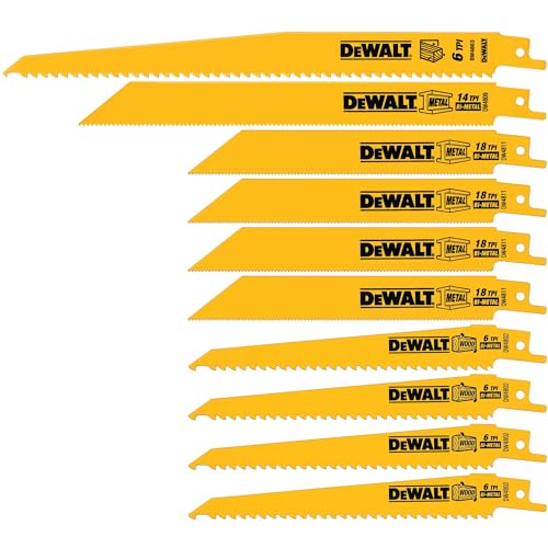 DEWALT Reciprocating Saw Blades, 10 Piece Bi-Metal Combination Set with Case, Various Sizes 6 In to 9 In, Longer Life (DW4898)