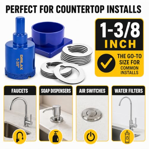 Drilax 1-3/8 inch Diamond Hole Saw Kit with Water Delivery Cup & Drill Guide, Granite Quartz Porcelain Tile Glass Drill Bit for Countertops, Faucets, Soap Dispensers & DIY Installations - size: 1-3/8 inch Cobalt