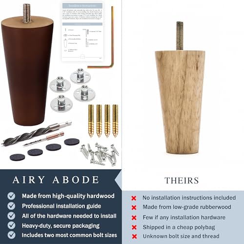 Airy Abode Premium Walnut Wood Furniture Legs (Full Install Kit) - Pick Your Size and Color - color: Brown, size: 4 Inches