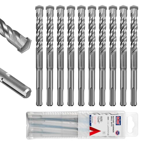 SALI SDS Plus Rotary Hammer Drill Bit Set,1/2" x 6", 10-Pack, Carbide-Tipped Masonry Bits for Concrete, Brick & Stone with Storage Case - size: 1/2"*6"