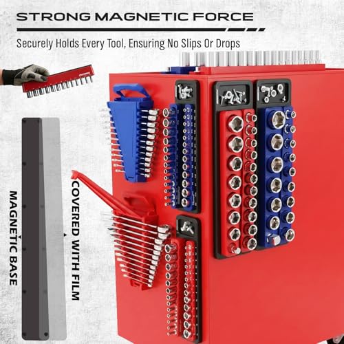 8-Piece Magnetic Socket and Wrench Organizer Set, Metric & SAE, 1/4", 3/8", 1/2"Drive Detachable Socket Storage Tray, 24-Slot Wrench Holder with Non-Slip Handle & Lock Cover for Toolbox Drawer Storage - style: 8-Piece Secure Locking Comb