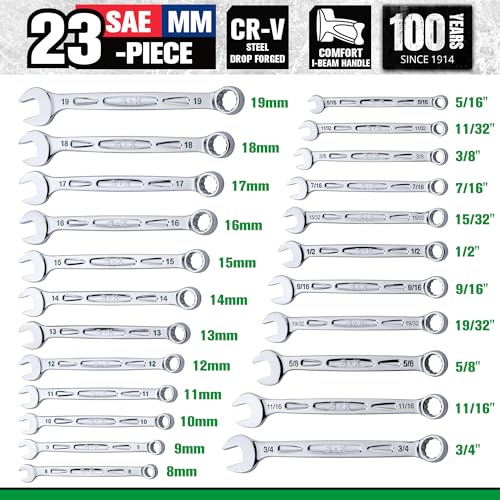 SK Combination Wrench Set, SAE 5/16''-3/4'', Metric 8-19mm, 23-Piece - size: Metric & SAE