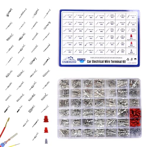480Pcs 39 Type Car Electrical Wire Terminal Pin Connector Kit 0.6/1.2/1.5/1.8/2/2.2/2.3/2.5/2.8/3.5/4.8mm Wire Terminal Pin Removal Male Female Crimp Pins Non-Insulated Plug