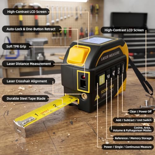 4 in 1 Laser Tape Measure, Digital Measuring Tape with 328ft Laser Measuring Tool & 16ft AutoLock Tape, Cross-Line Laser Level, Rechargeable for DIY Home Construction
