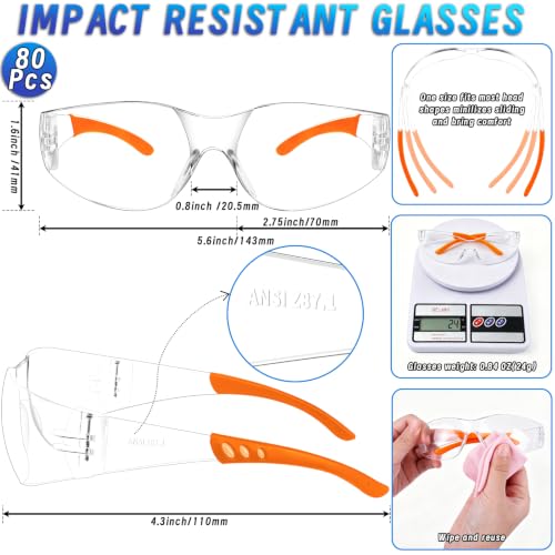 80 PCS Clear Safety Glasses for Men Women ANSI Z87.1 Protective Eyewear - color: Orange