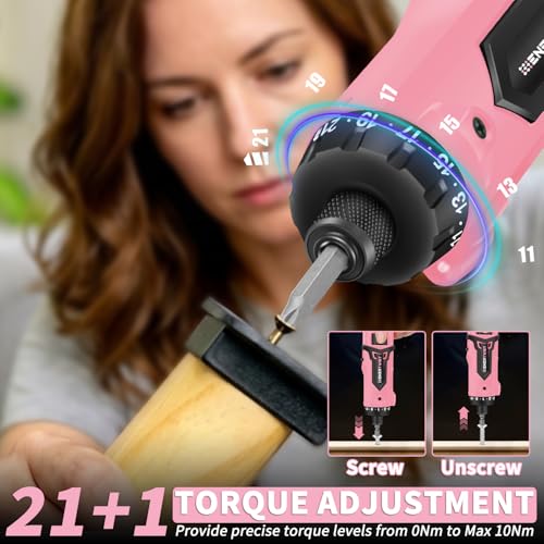 Enertwist Electric Screwdriver, 8V Max 10Nm Pink Cordless Screwdriver Rechargeable Set with 9 Accessory Kit, 21+1 Cluth, Dual Position Handle, LED Light - style: 9PCS 8V PINK