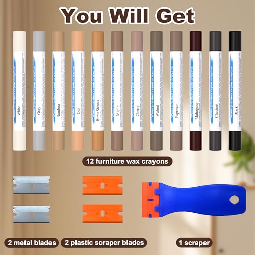 Oriflame Wood Furniture Filler Sticks: 12-Color Wood Repair Wax Crayons with Scraper for Scratches/Cracks/Holes/Stains in Floors/Table/Cabinets/Desks/Bedposts(Hardwood/Laminate)