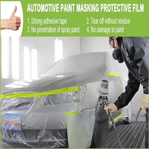 Pre-Taped Masking Film-55inx65ft Tape and Drape Painters Paper Rolls, Plastic Painting Film for Automotive Painting Covering （Masking Film:4rolls,Tape:2rolls）