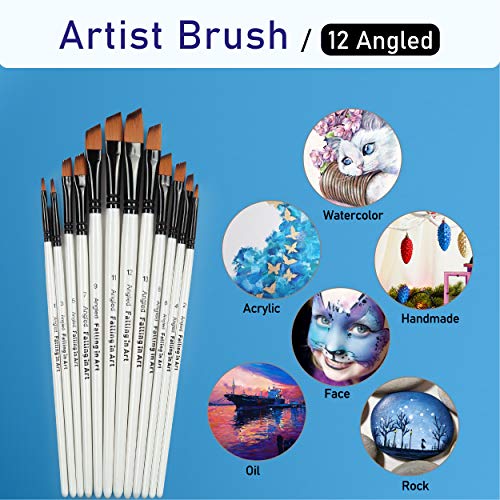 Falling in Art 12 PCS Professional Angled Paint Brushes Set - size: 12 Pcs Angled Nylon