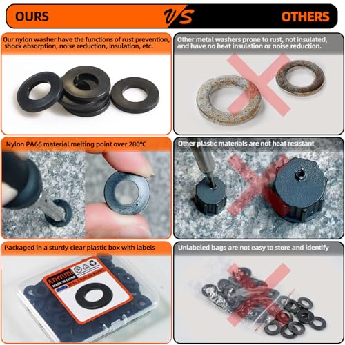 M8 Black Nylon Washers, 8mm ID, 16mm OD, 1.5mm Thickness, Plastic Round Washer, 150 Pieces Flat Washers Hardware Set - size: M8