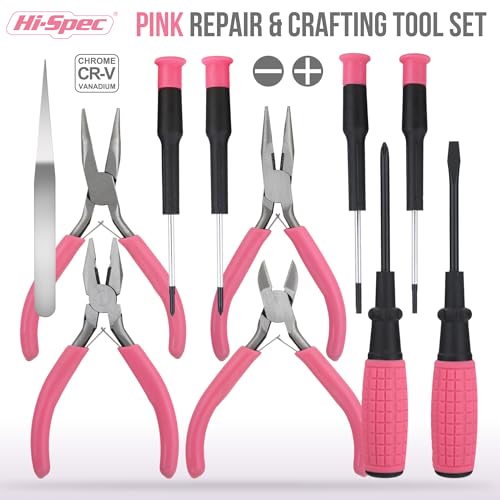 Hi-Spec 11pc Pink Womans Compact Crafts & Home DIY Repair Hand Tool Kit Set with Pliers, Cutters and Precision Screwdrivers for Ladies - size: 11pc