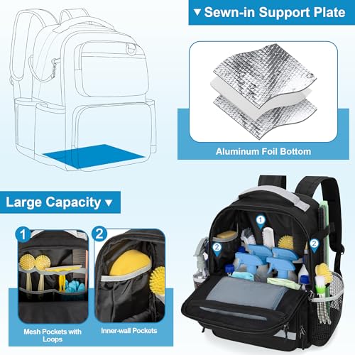 HODRANT Rolling Clean Backpack with Detachable Trolley & Waterproof Bottom | Large Cleaning Supplies Bag with Handle & Support Plate, Cleaner Caddy Organizer for Car Wash & Housekeeping Tool Storage