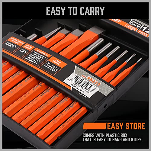 HORUSDY 12-Piece Punch and Chisel Set, Including Cold Chisels, Pin Punch, Center Punch - size: 12-Piece with Storage Case