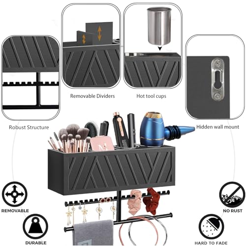 Rustic Hair Dryer Holder Wall Mounted with Towel Rack - color: Black.A