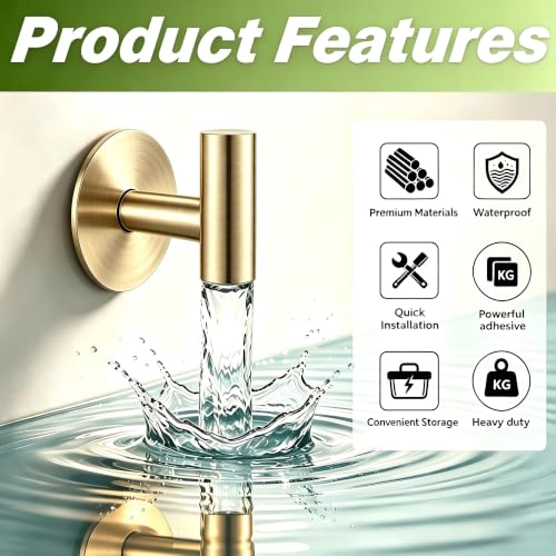 Gold Stainless Steel Wall Hooks, Heavy Duty Self-Adhesive Hooks for Coats, Towels, Robes, Hats, Aprons – No Drill Bathroom, Kitchen, Hotel (2 Pack) - color: Gold, size: Adhesive "T" Shape- 2 Pack