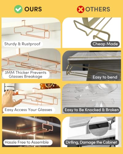 LINFIDITE 2 Pack Under Cabinet Wine Glass Rack Rose Gold Wine Glass Holder Stemware Rack Hanger Kitchen Hanging Storage Rack Organizer (For Partition Thickness under 0.98") - color: Rose Gold, size: Shelf Thickness Under 0.98in
