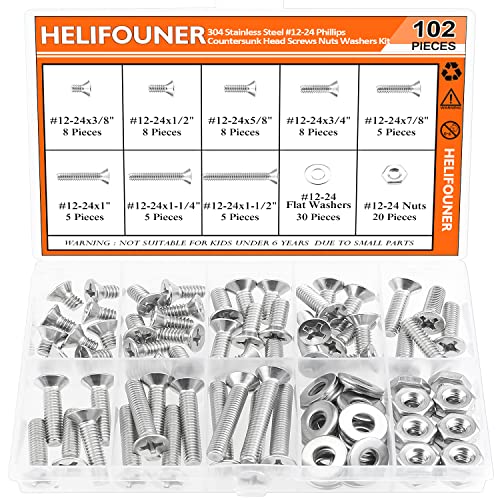 HELIFOUNER 102 Pieces #12-24 Phillips Countersunk Head Machine Screws Nuts Washers Assortment Kit, Coarse Thread, Fully Machine Threaded, 304 Stainless Steel - size: #12-24