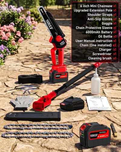 Electric Pole Saw 6“ Mini Chainsaw Cordless Brushless 6.0Ah Batteries Fast Charger Telescopic Power Pole Saw Tree Trimmer Limb Branch Cutter Pruner 16 Ft Max Reach Multi-Angle Red - color: Red-1 Battery