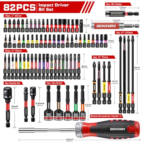 Geinxurn Impact Screwdriver Bits Set, Magnetic S2 Steel Phillips/Square/Torx/Hex 82Pieces Insert Power Bits Tips with Impact Bit Holder and Impact Nut Driver and Rachet Screwdriver Handle - size: Mixed-82Pcs-B