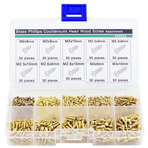 Brass Countersunk Head Wood Screw Assortment Kit,Pack of 500,Gold