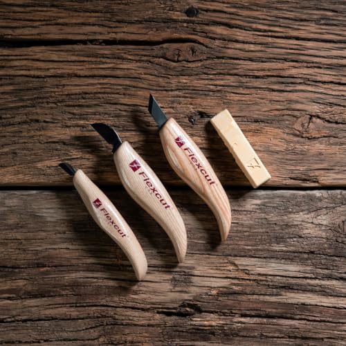 FLEXCUT Wood Carving Knives | Chip Carving Set | 1095 High Carbon Steel Blades | Ergonomic Ashwood Handle | Set of 3 Woodcarving Tools | KN115 | Made in the U.S.A. - style: Chip Carving Set