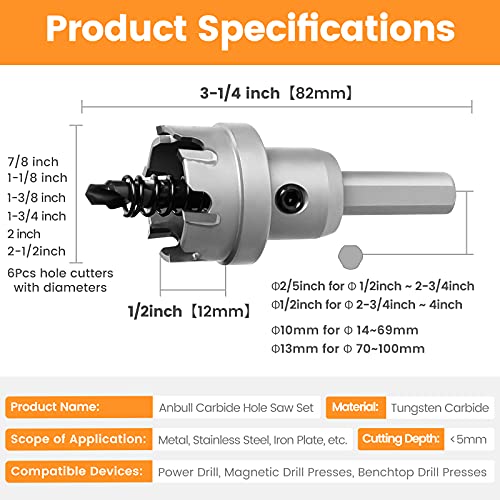 ANBULL 9PCS Carbide Hole Saw Kit for Hard Metal and Steel,7/8"-2-1/2" Hole