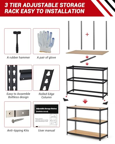 36x24x36 Heavy Duty Garage Storage Shelves,3-Tier Metal Shelving Units - size: 36x24x36