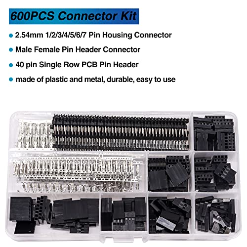 Taiss 600PCS Dupont Connector Kit - 2.54mm 1/2/3/4/5/6/7 Pin Housing Connector and Male/Female Crimp Pin, Jumper Wire Cable