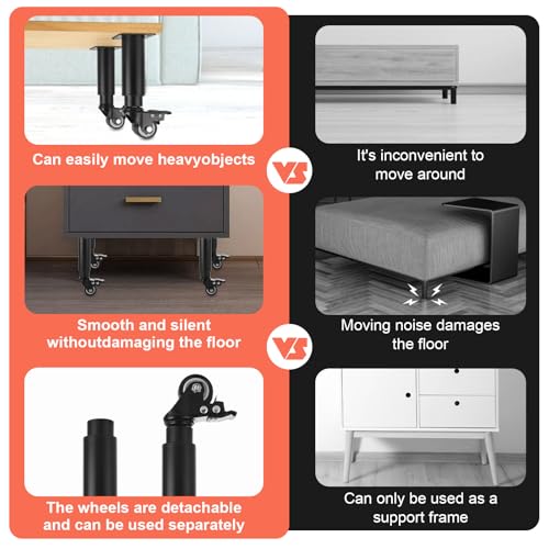 WOPPLXY 4 Pcs 7-10 Inch Metal Adjustable Furniture Legs with Swivel Caster Wheels, Heavy Duty Replacement Support Legs, Metal Legs for Table with Wheels for Cabinet/Sofa/Bed/Dresser/Couch/Coffee Table