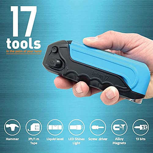 Kelvin Tools - Kelvin 17 Urban Screwdriver Set, All in One Everyday Multitool Screwdriver, Multi-Tip, Compact & Universal Precision, 13 Bit Set with Tape Measure, Liquid Level, Hammer and Flashlight - color: Blue