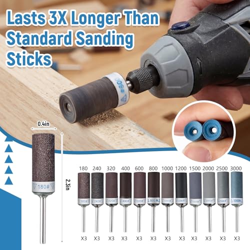 36 Pcs Sanding Drums Kit with 1/8" Shank for Rotary Tools Accessories, 180/240/320/400/600/800/1000/1200/1500/2000/2500/3000 Grits for Metal Rust Removal Stone Grinding Jade Polishing