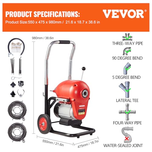 VEVOR Drain Cleaner Machine 120FT x 6/5 Inch, 1100W Electric Sewer Snake Auger Manual Feed - with 6 Cutters and CW/CCW Control for 4" to 8" Pipes - style: 120Ft x 6/5Inch & 6 Cutters