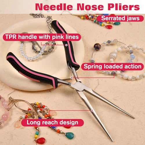 7.3 Inches Thin Extra Long Needle Nose Pliers with Serrated Jaw Long Nose Plier for Jewelry Making, Fishing, Wire Wrapping, Crafts, Electronic Repair, Jewelry Pliers with Curved Handle - style: Needle Nose Plier with Curved Handle