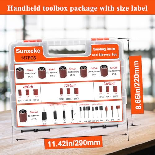 187-Piece Sanding Drum Kit for Drill & Drill Press – Includes 2inch Spindle Sander Sleeves (60/80/120/240 Grit), 4 Rubber Sanding Drums, 1/4-Inch Shank,Versatile Sander Accessory with Box - color: 187pcs-2inch