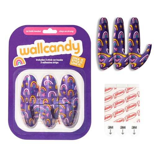 Adhesive Wall Hanging Hooks | Pack of 3 Purple Rainbow Print Wall Hooks with Heavy Duty Sticky Strips that Hold Up to 3lbs, Easy to Install Hanging Hook for Painted Walls & Kitchen