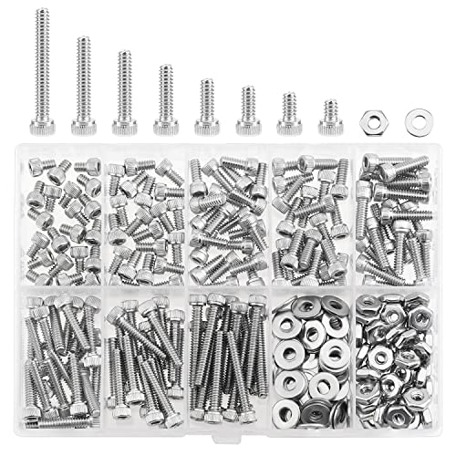 HELIFOUNER 250 Pieces #6-32 x 3/16" 1/4" 5/16" 3/8" 1/2" 5/8" 3/4" 1", Hex Socket Head Cap Screws Bolts Washers Nuts Kit, Coarse Thread, Fully Machine Threaded, 304 Stainless Steel - size: #6-32, style: Socket Head