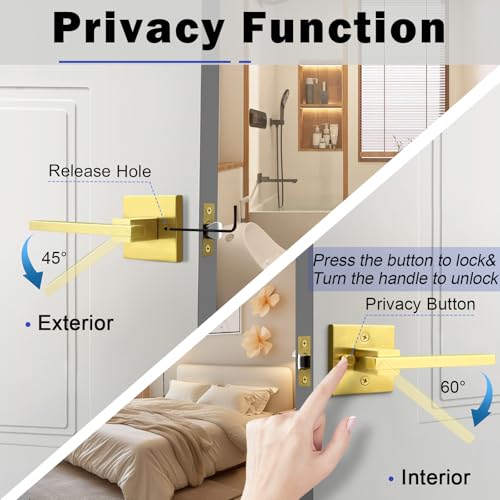 Orger 5 Pack Gold Privacy Door Handles Square Keyless Door Lever, Interior Door Handle for Bathroom and Bedroom, Modern Door Handle Sets Stainless Steel - color: Gold, size: Privacy
