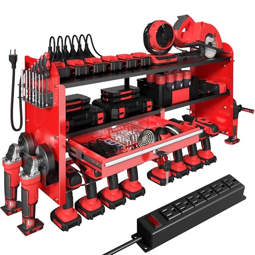 KSVO Power Tool Organizer Wall Mount, Locking Drawers, Charging Shelf, Red - color: Red