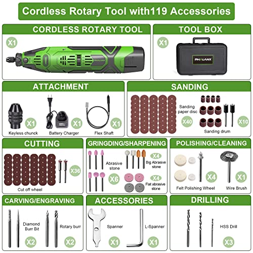 PHALANX 12V Cordless Rotary Tool Kit with Keyless Chuck, 6-Speeds 5000-32000RPM, 119 Accessories with Flex Shaft, Idea for Cutting, Grinding, Wood Carving- Include 2.0AH Battery, Charger (Renewed)