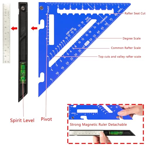 Beslands 7 inch Rafter Square with Level, Aluminum Metal Triangle Ruler Carpenter Square Woodworking Layout Tool Aluminum Triangle Tool Stainless Steel Ruler (Blue) - color: Blue, size: 7" - Level