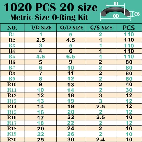 XBVV 1020 Pcs O Ring Kit 20 Size Nitrile Rubber O Ring Assortment Set for Car Auto Vehicle Repair Faucet Plumbing Air or Gas Sealing Connections Resist Oil and Heat