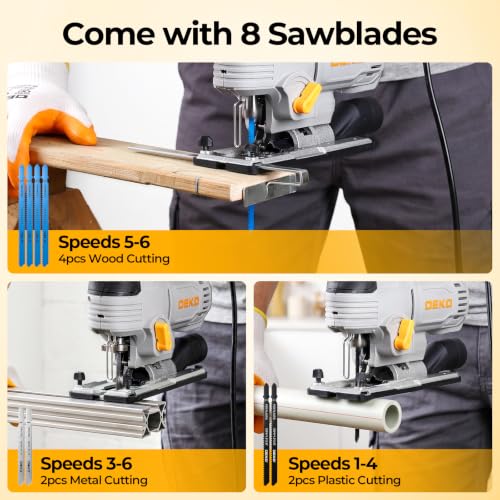 DEKO Electric 800W Jigsaw Tool Power Jig Saws for Woodworking, Wood Cutter Hand Tool with 6 Variable Speed,LED Light