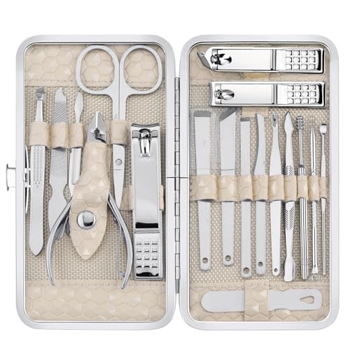 Yougai Nail Clippers set for Men and Womens Gift Manicure Set 18 Pieces Stainless Steel Manicure Kit,Nail Care Tools with Luxurious Travel Case - color: Beige