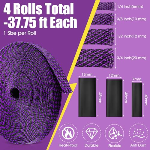 Tatuo 151 ft Braided Cable Sleeve Expandable Wire Sheathing(Purple) - color: Purple, size: 151 ft