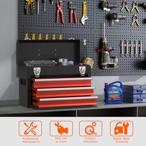 Portable Metal Tool Box with Drawers, Latches Tool Box with EVC Liners for Garage, Home and Workbench (Blackred) - color: Blackred