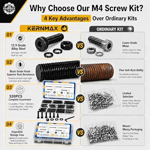 320PCS M4 Screws Kit, M4x25/30/35/40/45/50mm Hex Socket Head Cap Bolts Nuts Washers Assortment Set, 12.9 Grade Alloy Steel Black Oxide, M4 Metric Screw for 3D Printer, DIY& Repairs - size: M4 320pcs